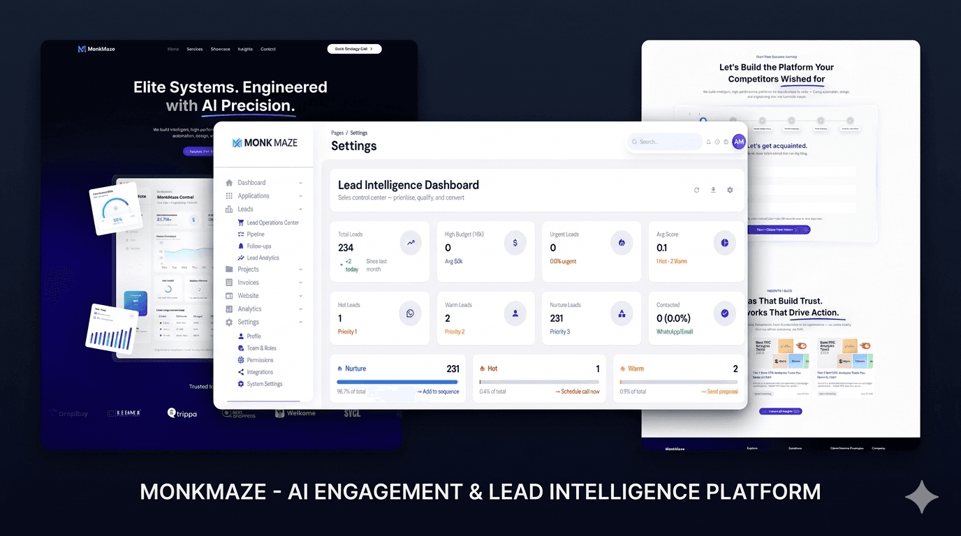 MonkMaze admin dashboard showing lead pipeline management and analytics